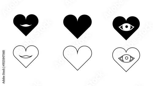 Heart and love icon collection, romantic soul and vision symbols with eye and smile, emotional health outline and silhouette vectors, 4K high quality, isolated on white.