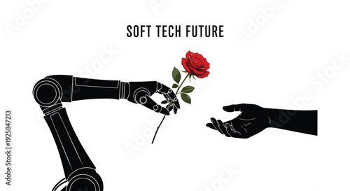 Robot hand offering red rose to human hand, SOFT TECH FUTURE vector