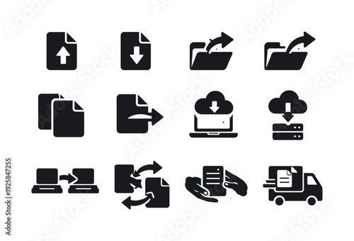 Solid vector icons of file transfer actions: send, receive, import, export, copy, move, backup, restore, migrate, exchange,