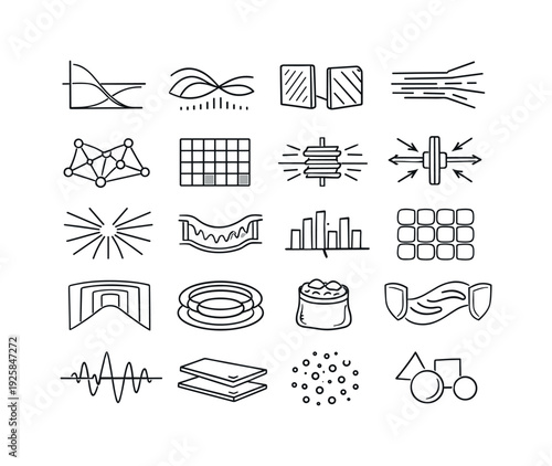 Line vector icons of focus-oriented room acoustics: balanced decay curves, tuned wave arcs, soft reflection pads, filtered