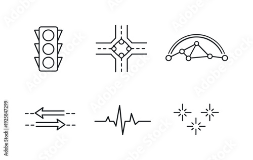 Line vector icons of a city traffic light controlled by predictive traffic model (adaptive intersection): vertical signal box,