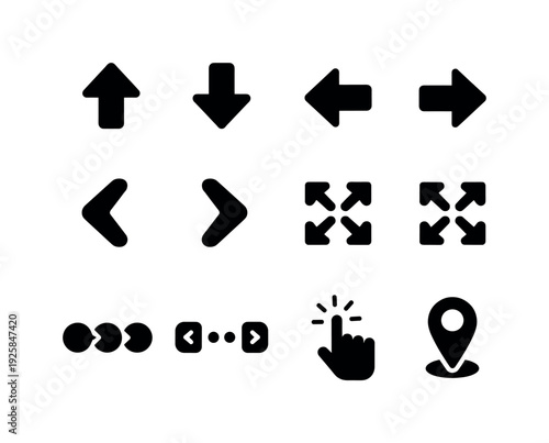 Solid vector icons of navigation iconography: arrowup, arrowdown, arrowleft, arrowright, chevronleft, chevronright, expand,