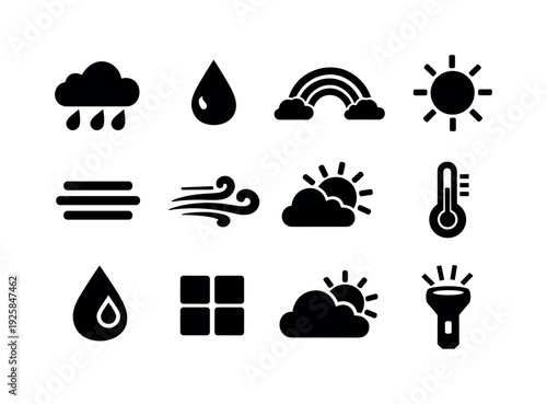 Solid vector icons of spring weather change: raincloud, raindrop, rainbow, sunshine, fog, breezeicon, skybreak, temperature,