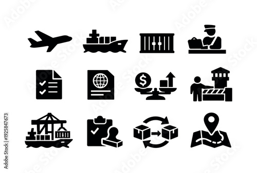 Solid vector icons of international shipping: airplane, ship, container, customs, document, declaration, tariff, border, port,