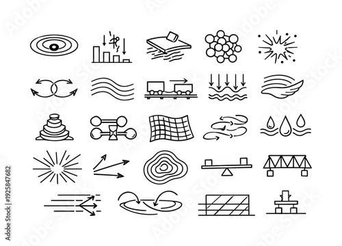 Line vector icons of metaverse physics: gravity-field rings, fall-acceleration bars, friction-surface tiles, material-density