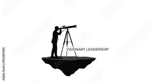 Visionary leadership icon, businessman looking through telescope on floating island, black silhouette