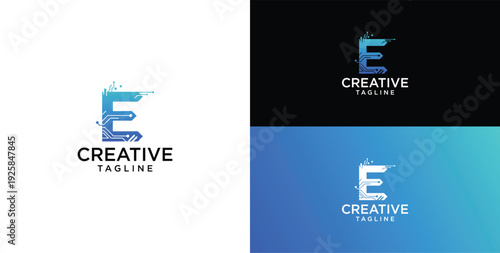 technology logo vector. E initial logo design