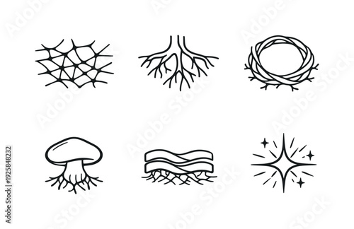 Line vector icons of mushroom mycelium forming edible structures (mycelial food formation): filament web, branching point, growth