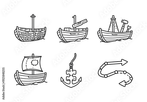 Line style vector icons of philosophical transformation: ship-frame icon, replaced-plank motif, mast-rebuild outline, sail-patch