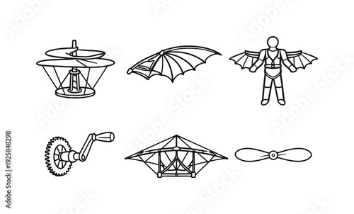 Line style vector icons of da Vinci aerial inventions: aerial-screw helicopter, wooden-ornithopter wing, pilot-harness motif,