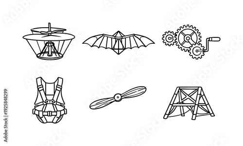Line style vector icons of da Vinci’s aviation designs: aerial-rotor helix, glider-wing structure, gear-crank mechanism,