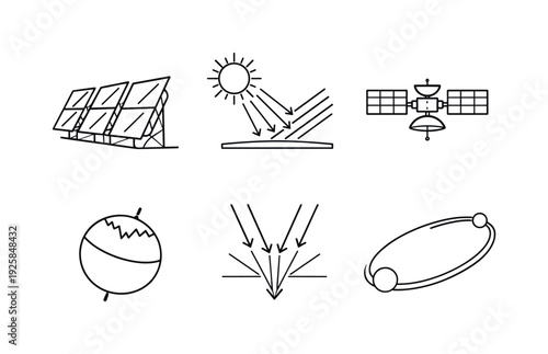 Line style vector icons of planetary polar sunlight delivery: mirror-array outline, sunbeam-reflection motif, satellite-support