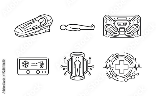 Line style vector icons of long-duration space travel cryosleep: cryo-pod motif, human-silhouette icon, spaceship-cabin outline,