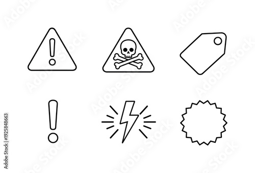 Line style vector icons of visual risk and attention: warning-sign icon, danger-triangle motif, sale-label outline,