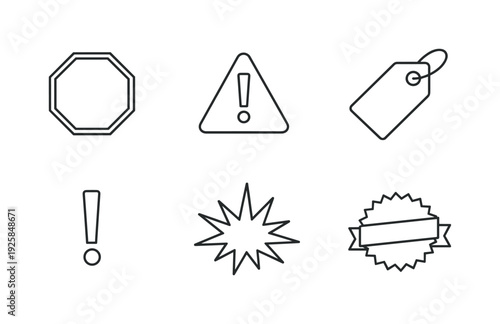 Line style vector icons of danger, desire, and attention-grabbing: stop-sign outline, warning-triangle motif, sale-tag icon,