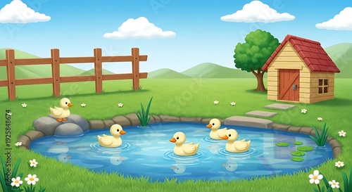 Cute Ducklings Swimming in a Pond on a Sunny Farm Day.