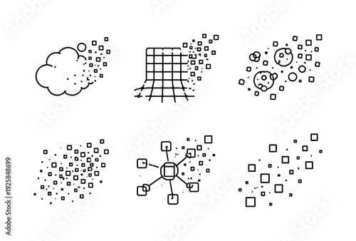 Line vector icons of pixel artifact dissolution (ambient raster haze): soft pixel puff, dissolving grid dust, floating micro-cell