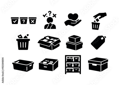 Solid vector icons of home decluttering process: sorting, decision, keep, remove, discard, organize, stack, label, container,