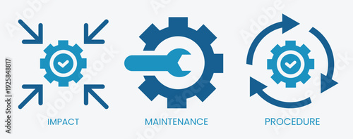 Flat Modern Gear Icon Set, Maintenance Procedure Impact Icons, Business Workflow UI Icons, Vector Icon Pack for Technical Operations and Software Interfaces