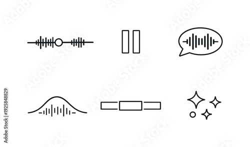 Line vector icons of an audio spot inserted into your podcast pause on a needed topic (adaptive audio insert): episode bar, pause