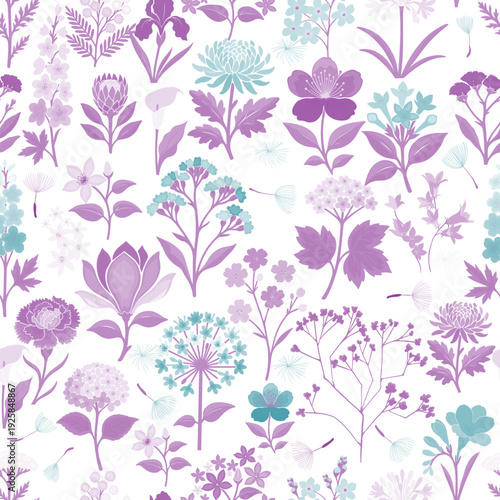 purple and light blue floral seamless pattern . Hand drawn. Not AI, vector illustration.