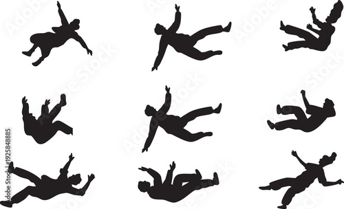 Collection of falling man silhouettes representing accidents and danger isolated on white background for graphic design