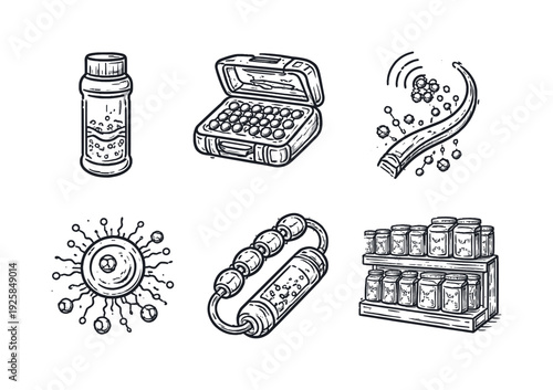 Line style icons of commercial nanobot upgrade kits: vial contour band, micro-swarm node set, release-signal curve,