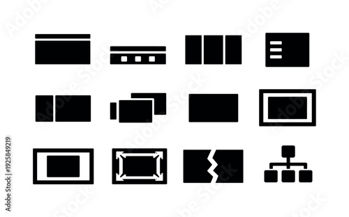 Solid vector icons of app layout structure: navbar, bottombar, tabbar, drawer, panel, stack, screen, viewport, safearea,