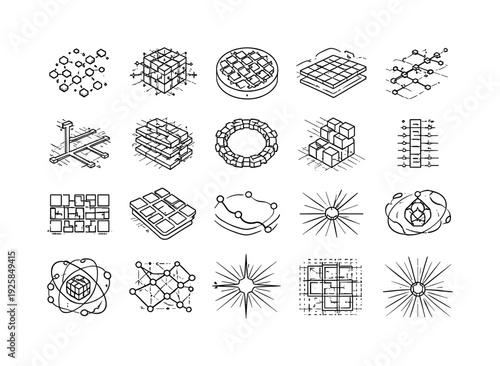Line vector icons of the pixel as the quantum of digital space: pixel-quantum dots, raster nets, subpixel arcs, grid-plane pads,