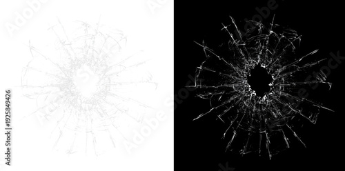 Realistic shattered glass hole with radiating cracks isolated on black background, broken window overlay effect, bullet impact fracture texture.