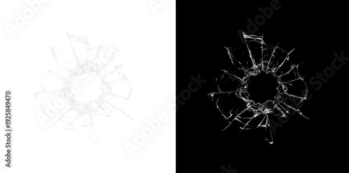 Realistic shattered glass hole with radiating cracks isolated on black background, broken window overlay effect, bullet impact fracture texture.