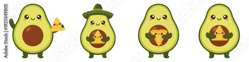 Avocado Cute avocado character holding a chip  Flat Vector Illustration on Transparent Background