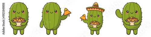  Cactus Cute cactus doodle holding nachos  Flat Vector Illustration on Transparent Background