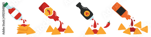 Hot sauce Bottle squirting onto chips  Flat Vector Illustration on Transparent Background