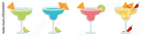 Margarita glass Cocktail doodle with chip garnish  Flat Vector Illustration on Transparent Background