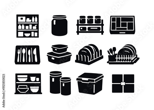 Kitchen Storage Icons. Solid vector icons of kitchen storage organization: pantry, jar, spiceRack, drawerDivider, utensilTray,