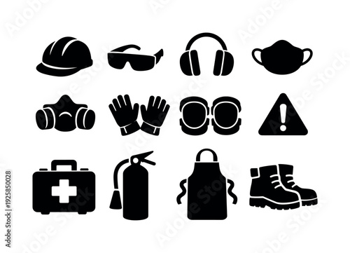 Solid vector icons of repair safety equipment: hardHat, safetyGlasses, earProtection, dustMask, respirator, workGloves, kneePads,