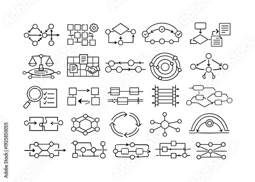 Line vector icons of legal rules formalized as code: regulatory logic nodes, executable-law tiles, condition-check contours,
