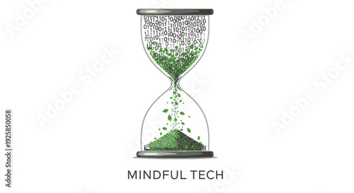 Mindfulness technology icon, hourglass with green sand