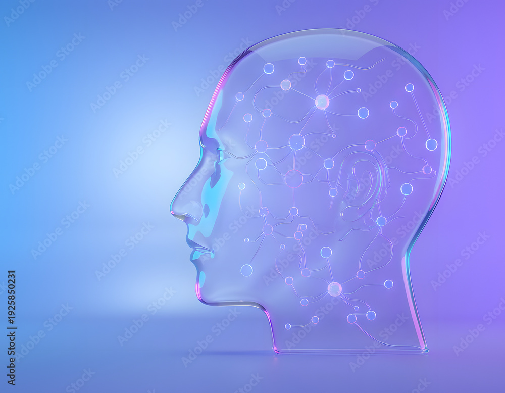 Obraz premium Brain-Inspired Tech: A translucent head with an intricate network design represents the complexities of human cognition, a visual embodiment of innovation, knowledge, and artificial intelligence.