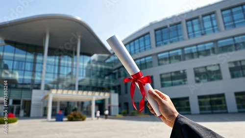 A hand holding a rolled diploma tied with a red ribbon in front of a modern glass building