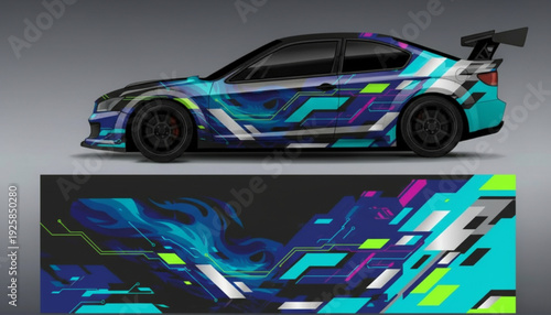 Futuristic and abstract car wrap design featuring vibrant geometric patterns and digital art elements.