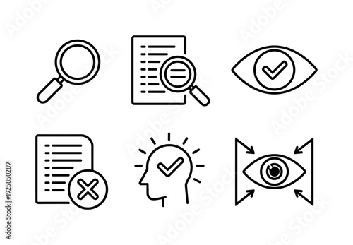 Line style vector icons of selective information search: magnifying-glass motif, emphasized-text icon, selective-eye outline,