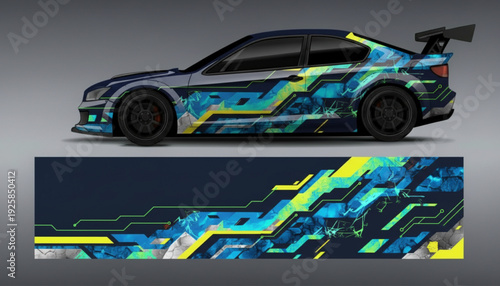 Futuristic sports car with abstract geometric circuit-style graphic wrap design in blue, green, and yellow.