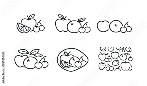 Line style vector icons of fruit logo options: fruit-outline motif, stem-present icon, stemless-fruit symbol, leaf-accent outline