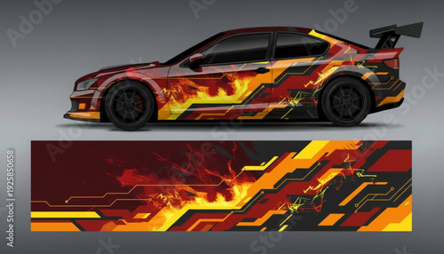 A sports car with a fiery abstract geometric vinyl wrap design, showcasing the full graphic below.