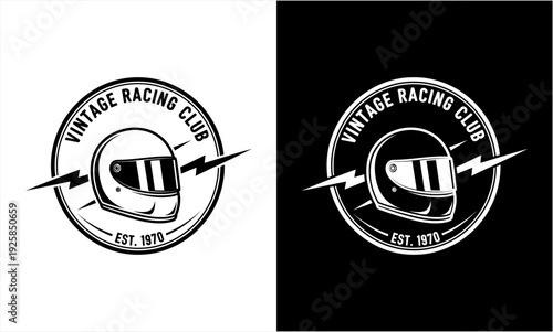 Vintage Racing Club Emblem with Classic Motorcycle Helmet and Lightning Bolt Design.