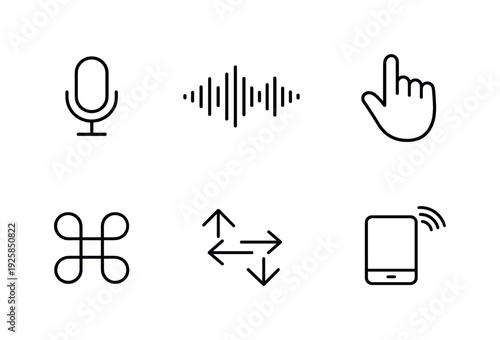 Line style vector icons of voice-and-gesture smart controls: mic-icon outline, audio-wave motif, gesture-hand icon,