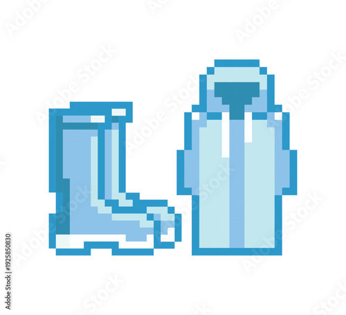 Pixel art blue raincoat and rubber boots set, isolated vector rainy weather outfit