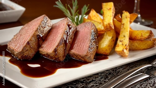 Sliced steak with dark sauce and potatoes served on a white plate with rosemary